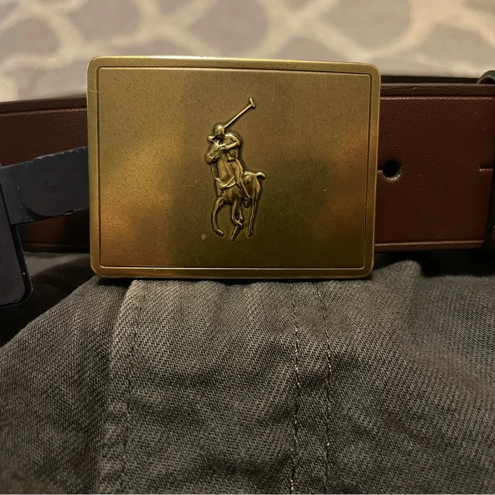 NWT  Polo Ralph Lauren Men’s Brown Leather Belt with Big Pony Gold Buckle. Sz:42